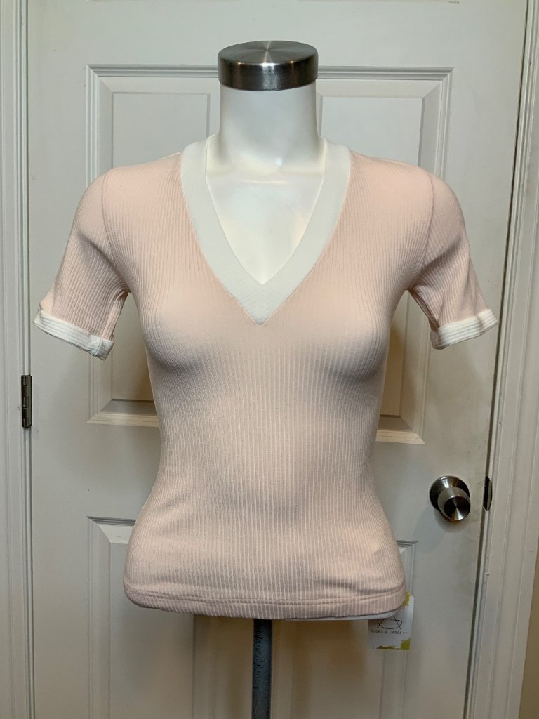 Reformation Pink Ribbed Short Sleeve V-Neck Top, Size Xs